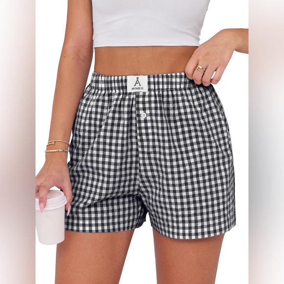 anrabess Pants - ANRABESS Women's Gingham Check Shorts Plaid Sleep & Lounge Black and White